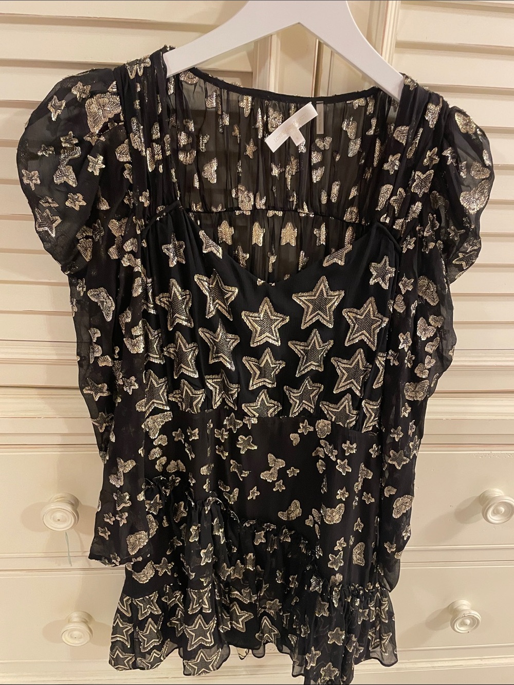 LoveShackFancy Black Sheer Star-Embroidered Peplum Dress